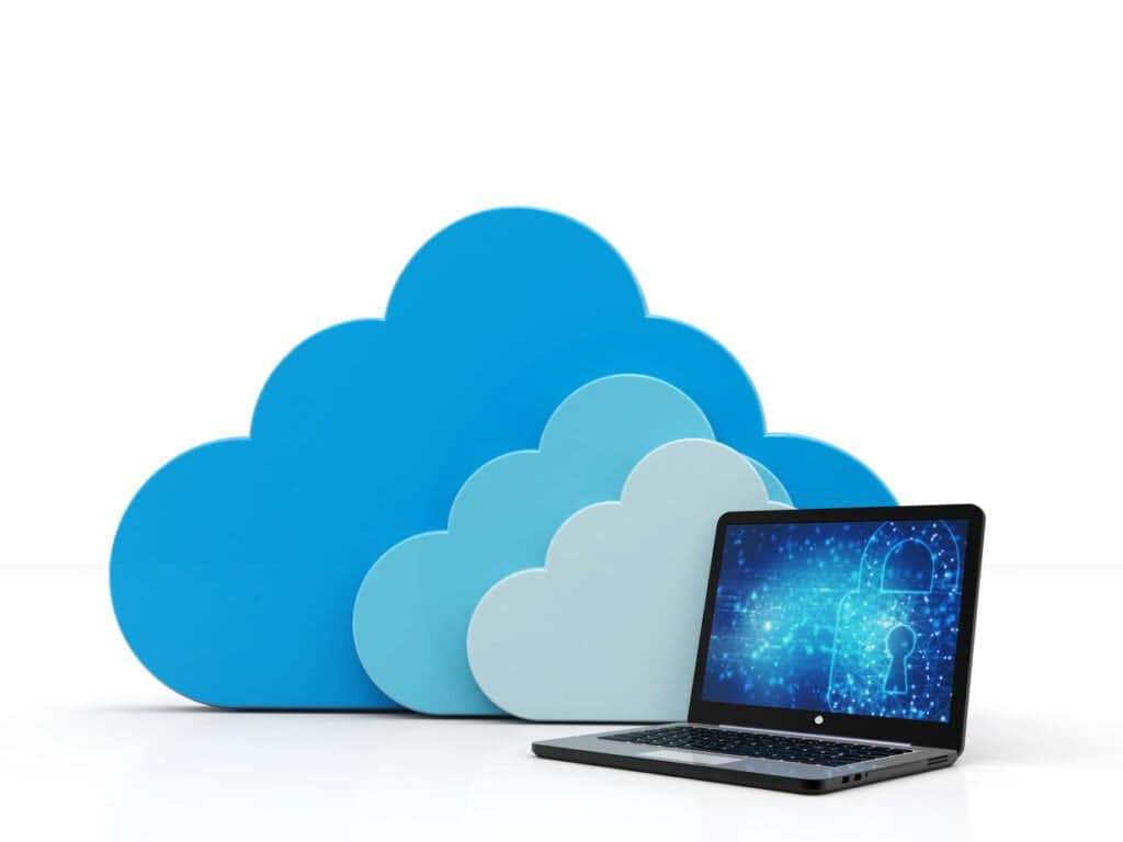 Secure cloud storage with encrypted data protection and a laptop displaying a digital lock icon.