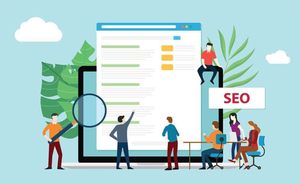 Stylized illustration of a team developing a website for SEO optimization, featuring people working around a large mobile device, magnifying glass, and SEO signage with lush green leaves and clouds in the background.