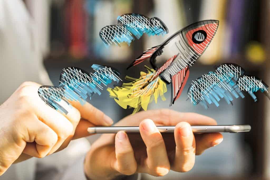 Creative digital marketing concept with a rocket launching from a smartphone, symbolizing innovative web design and growth. Perfect for agencies in Oshawa and Durham Region offering web development services.