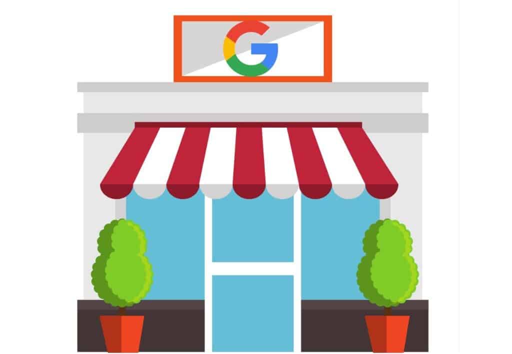 Modern storefront with blue glass doors, red and white striped awning, potted green bushes, and Google logo sign on top, representing a local business or retail store.