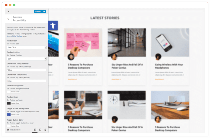 Customizable web design toolbar for WordPress, showing settings for accessibility, toolbar icon, position, background, and colors to enhance website appearance and usability.