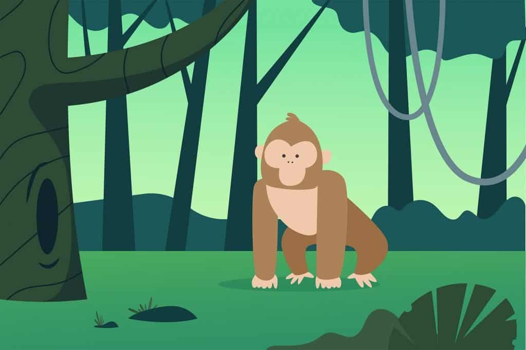 Vibrant illustration of a cartoon monkey in a lush green jungle setting with trees, vines, and dense foliage. Suitable for web design projects related to nature, wildlife, or playful themes.