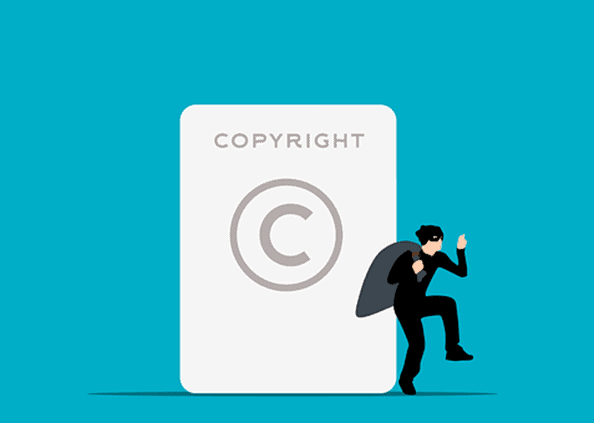 A businessman sneaking past a large copyright symbol on a bright blue background, symbolizing digital security or copyright protection.