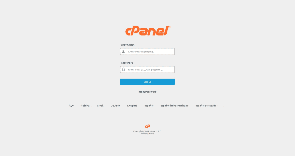 CPanel login page screenshot with cPanel logo and login fields for username and password.