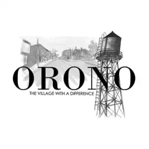 Charming black and white illustration of a water tower in Orono, Ontario, with a rural village street in the background, emphasizing local heritage and community.