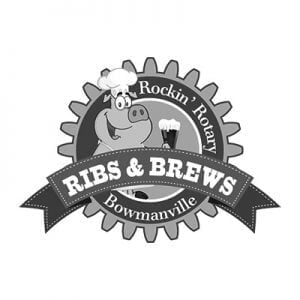 High-quality logo of Rockin' Ribs & Brews in Bowmanville featuring a cartoon pig chef, a beer mug, and a gear design, representing a local barbecue restaurant and brewery.