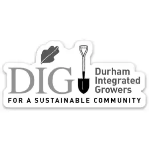 Durham Integrated Growers logo with leaf and shovel icon promoting sustainable community agriculture.