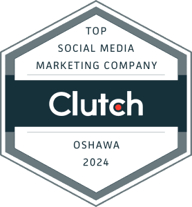 Friendly, modern logo badge for Clutch highlighting top social media marketing company in Oshawa and Durham Region in 2024.