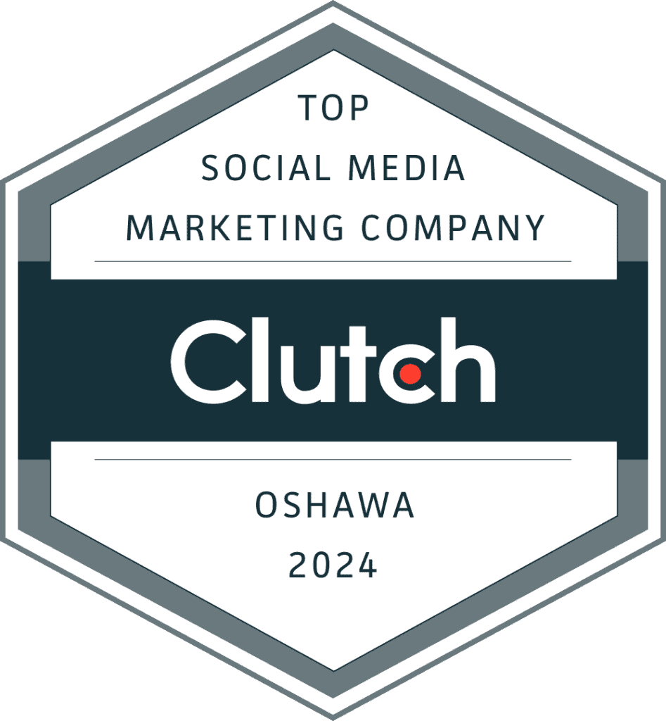 Friendly, modern logo badge for Clutch highlighting top social media marketing company in Oshawa and Durham Region in 2024.