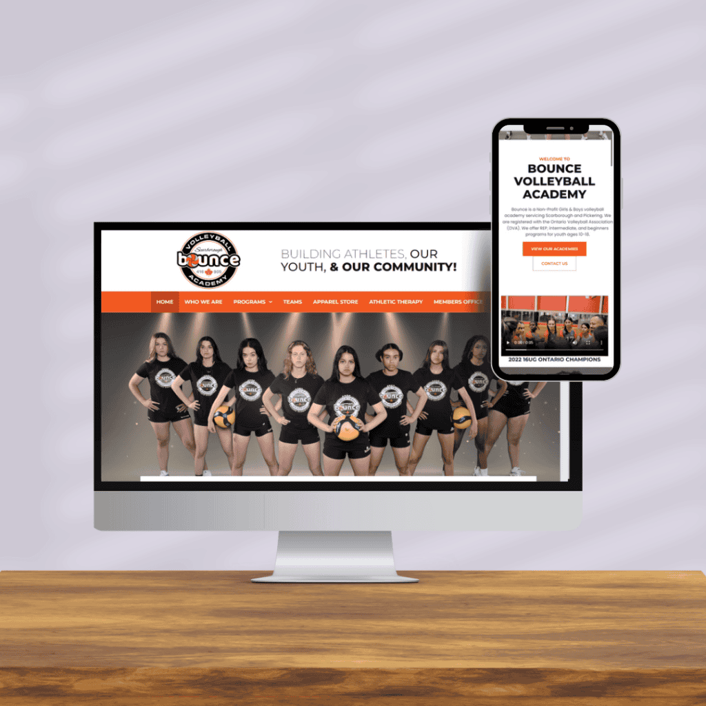 Teen volleyball team of Bounce Volleyball Academy in Durham Region, Oshawa, Bowmanville, showcasing a modern volleyball club website with responsive design.