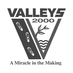 Valleys 2000 logo, black and white emblem with footprints, water, and bamboo, representing eco-friendly and sustainable initiatives in Oshawa and Durham Region.