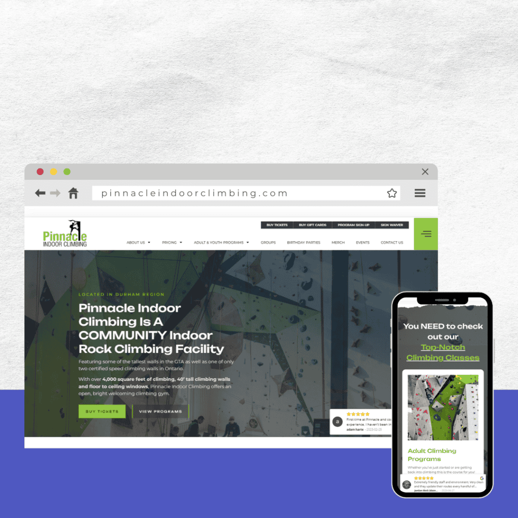 Climbing gym website homepage in Durham Region for Pinnacle Indoor Climbing. Website showcases indoor rock climbing facilities, membership info, programs, and booking options for Durham-area rock climbers.