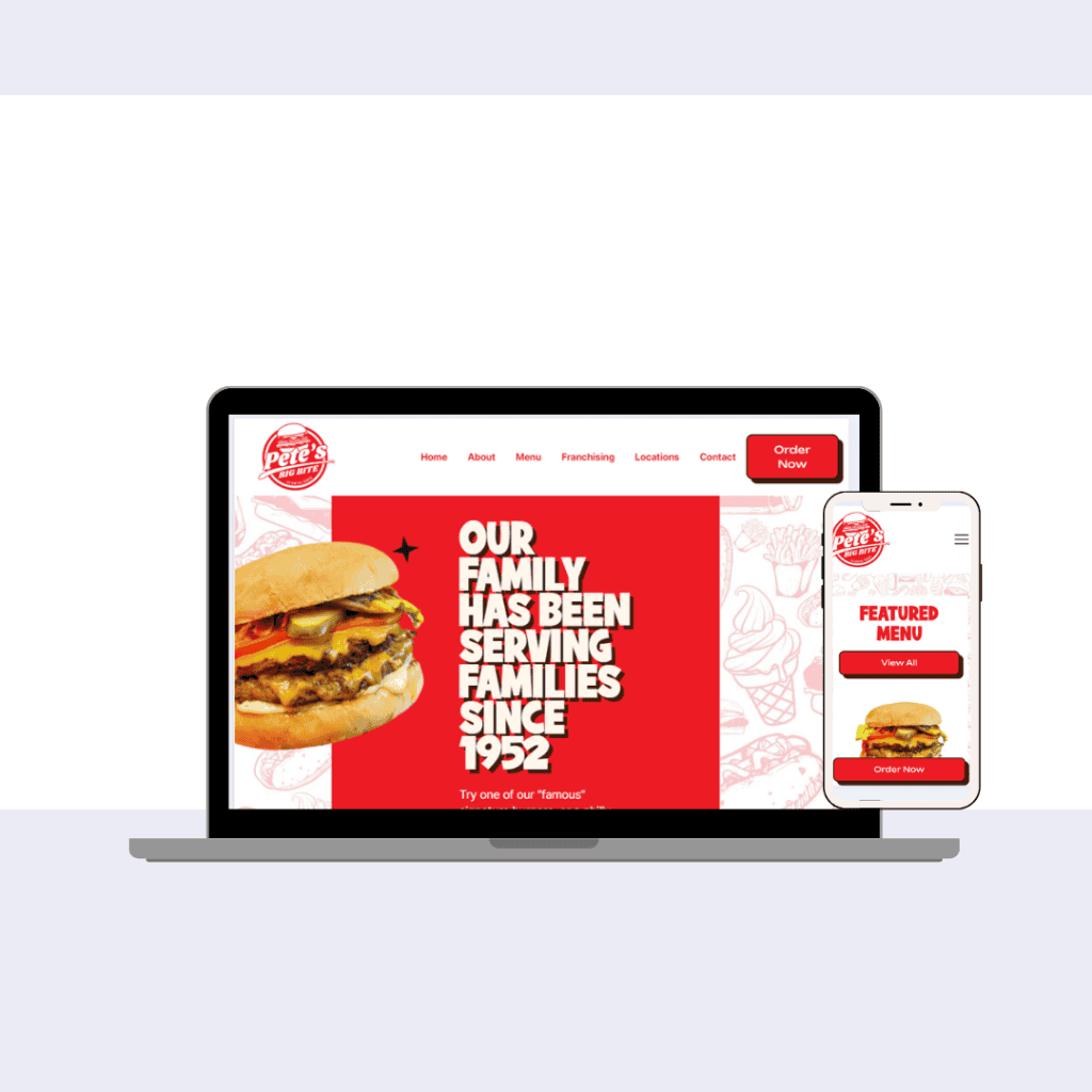 Delicious burger and fries display on a pizza website screenshot, emphasizing fast food offerings and online ordering. Perfect for marketing web design for Oshawa and Durham Region restaurants.