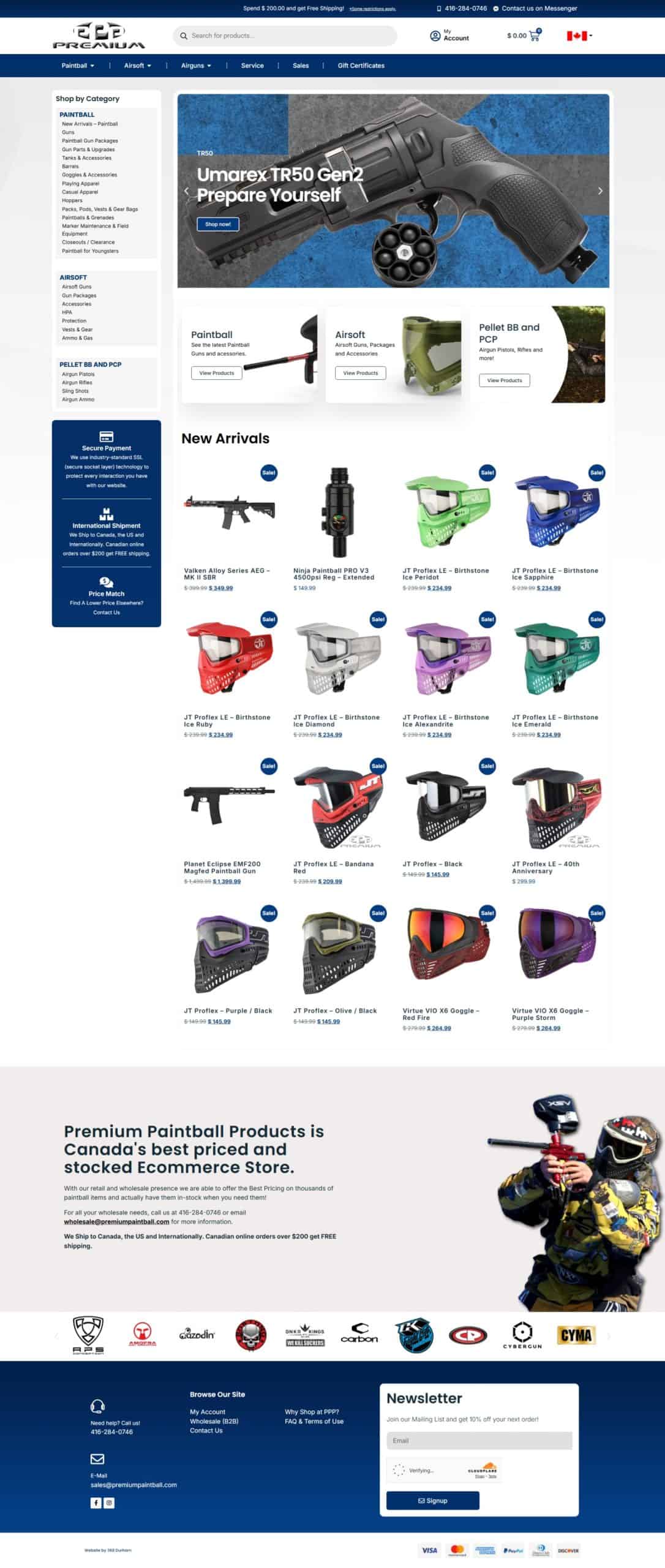 Colorful paintball guns and accessories displayed on a website homepage.