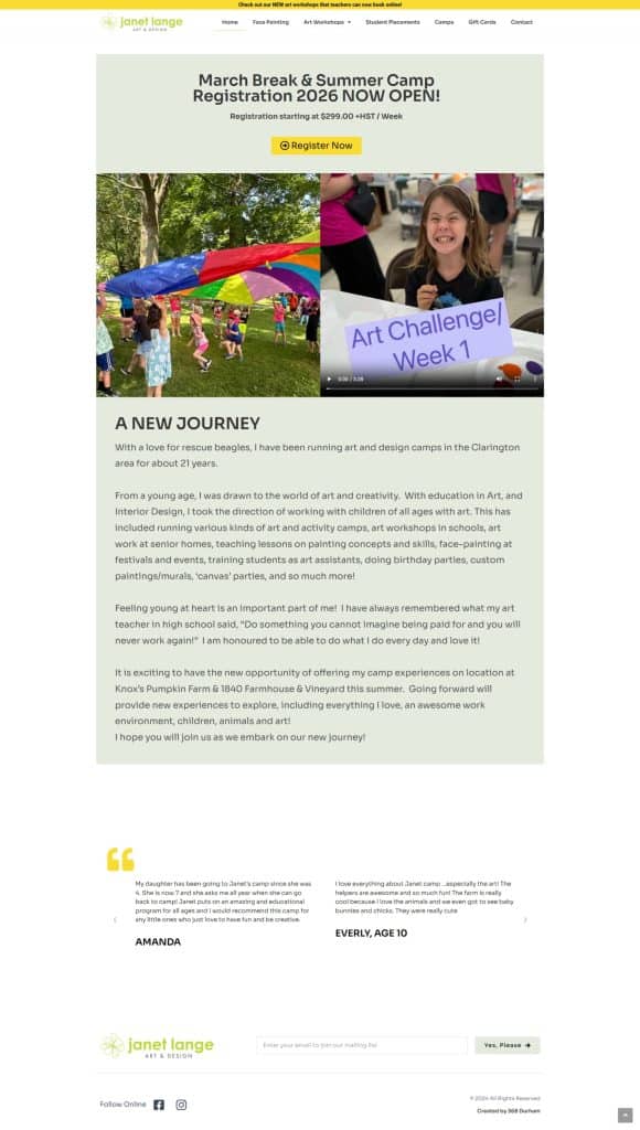 Colorful outdoor children’s art summer camp activity featuring kids playing under a rainbow parachute.
