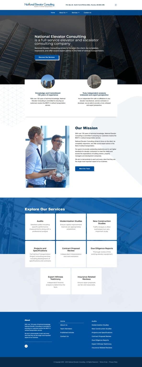 National Elevator Consulting website homepage showcasing vertical transportation services in Toronto, including elevator consulting, project management, and industry expertise with professional imagery.