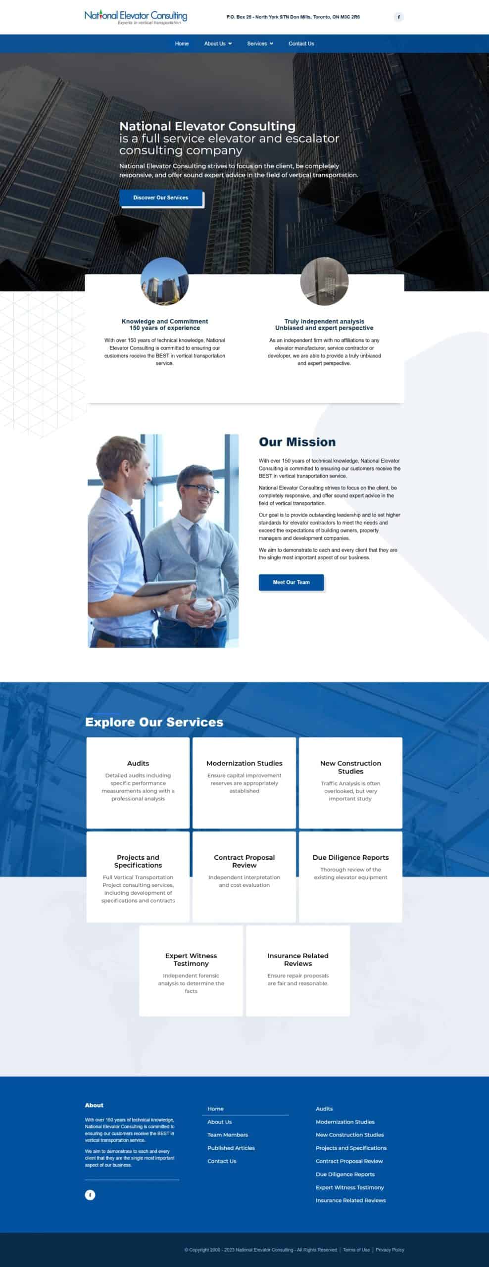 National Elevator Consulting website homepage showcasing vertical transportation services in Toronto, including elevator consulting, project management, and industry expertise with professional imagery.