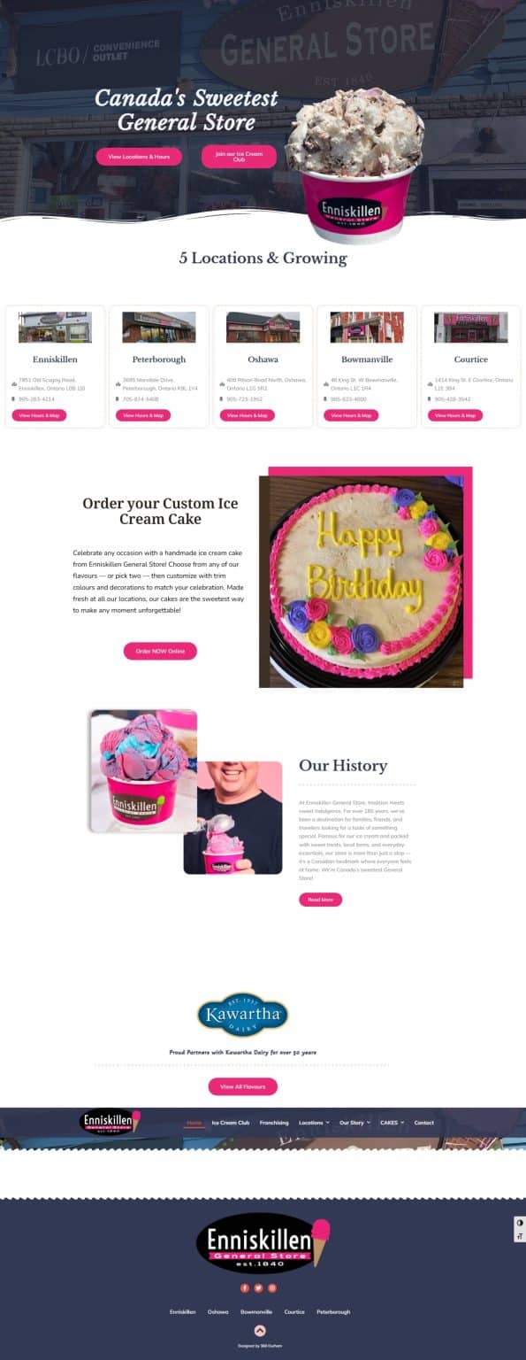 Ice cream cup with chocolate and vanilla flavors, branding for Enniskillen General Store, exterior of a local general store in Ontario, showcasing multiple store locations in Durham Region, with colorful storefronts.