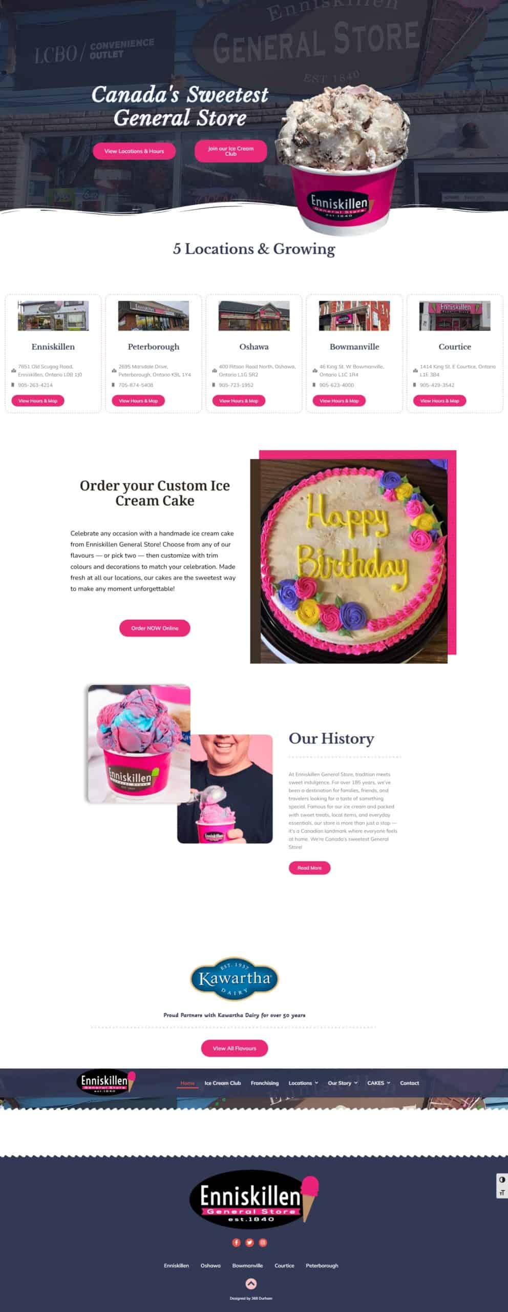 Ice cream cup with chocolate and vanilla flavors, branding for Enniskillen General Store, exterior of a local general store in Ontario, showcasing multiple store locations in Durham Region, with colorful storefronts.