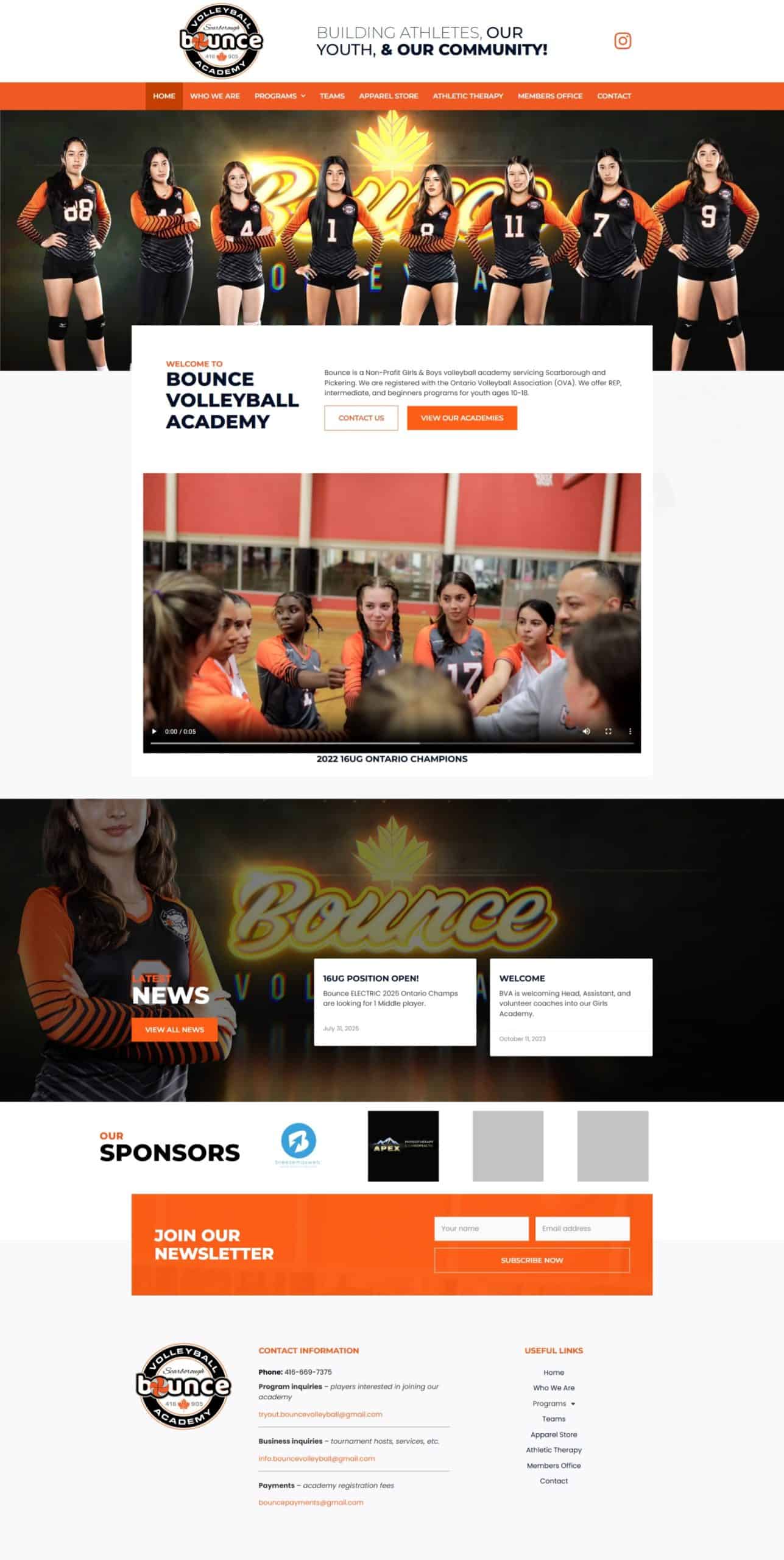 Everyone in volleyball uniforms standing on court at Bounce Volleyball Academy in Oshawa, Ontario, showcasing a team photo for youth volleyball training programs.