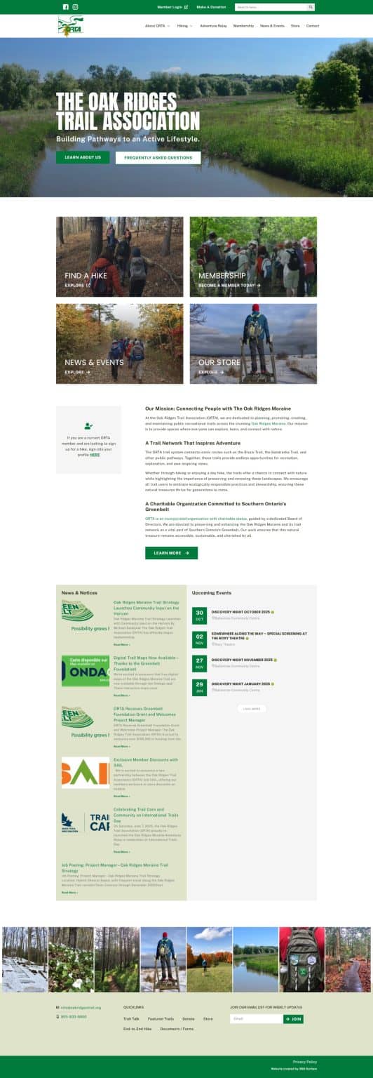 Hiking trail scene at Oak Ridges Moraine with hikers exploring nature, surrounded by lush trees and scenic landscape in Durham Region.