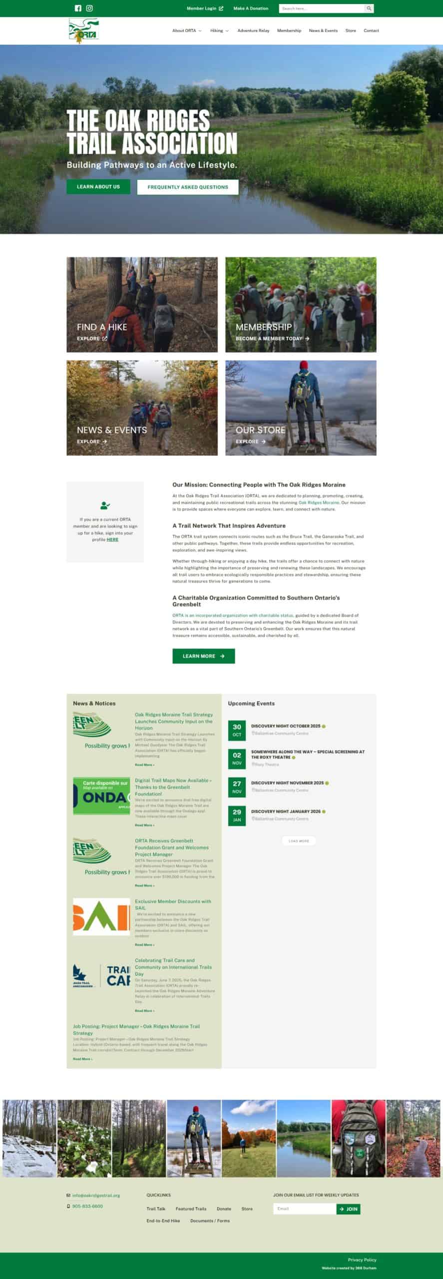 Hiking trail scene at Oak Ridges Moraine with hikers exploring nature, surrounded by lush trees and scenic landscape in Durham Region.