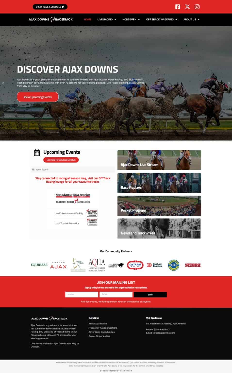 Ajax Downs racetrack with horse race in action on muddy track during daytime, showcasing live racing events, betting options, and community partnership logos.