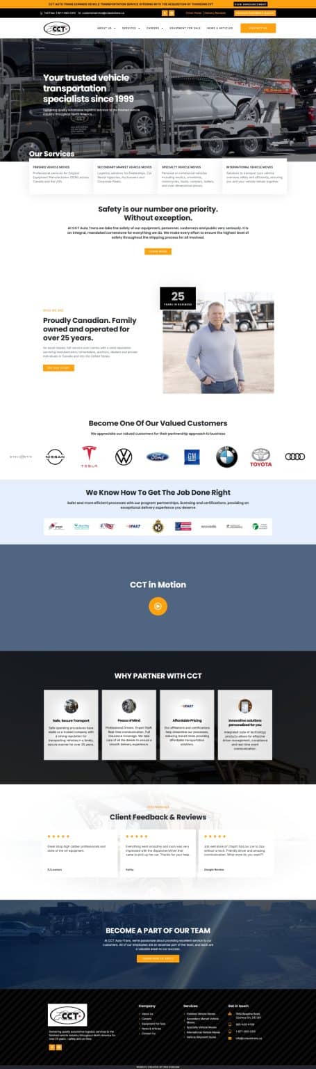 CCT Auto Trans vehicle transport truck with cars on a multi-level carrier at a vehicle shipping yard.