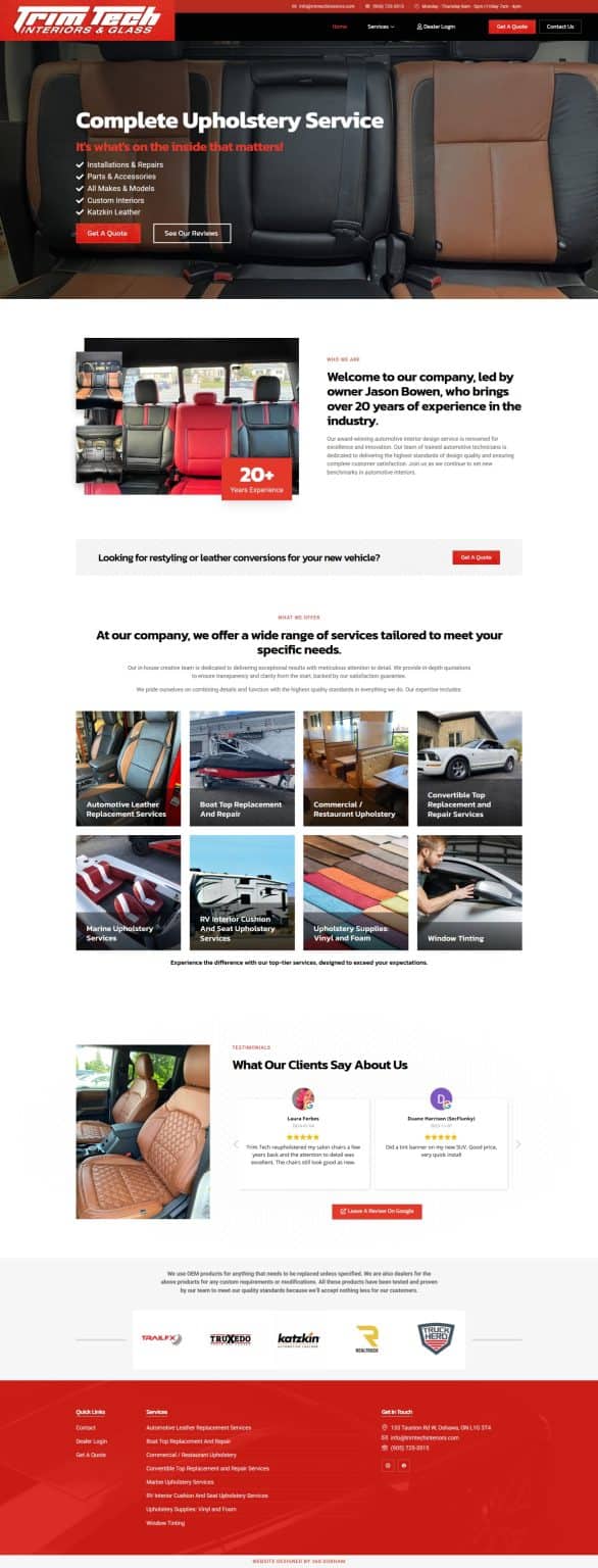 Automotive upholstery and interior repair services in Oshawa and Durham Region including leather, boat, RV, and convertible top repairs. Expert craftsmanship with customer satisfaction focus.