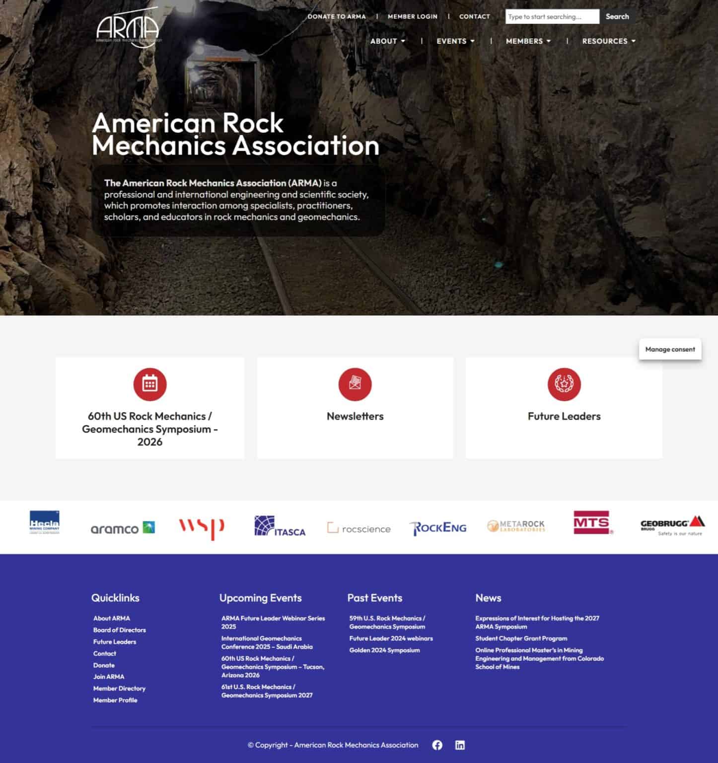 ARIMA webpage with an underground rock tunnel, featuring a dark rock interior with train tracks and safety lights, promoting rock mechanics and geomechanics symposiums.