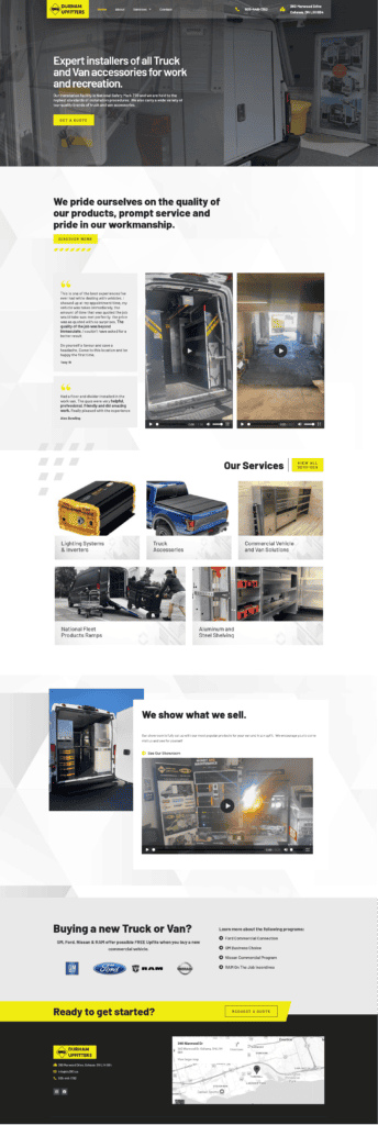 Modern website design for Durham Upfitters showcasing truck and van upfitting services in Durham Region.
