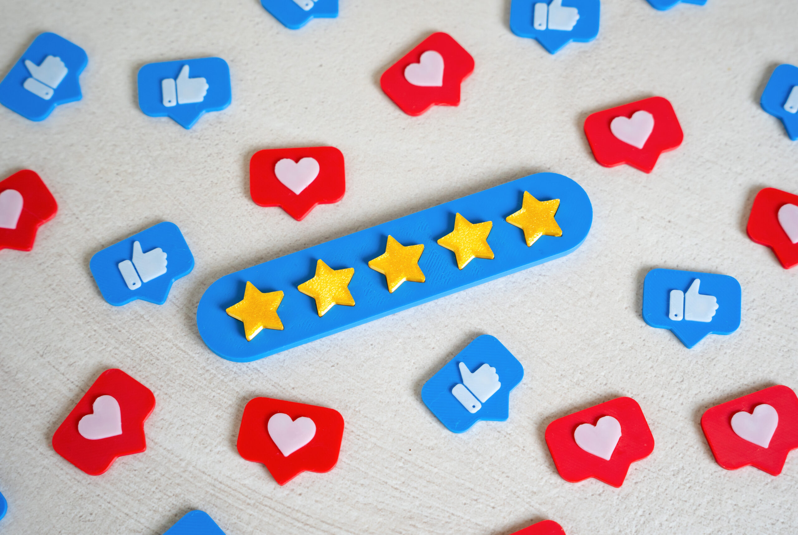 Image showing social media icons with a five-star review rating, emphasizing the importance of customer feedback and online reputation management.