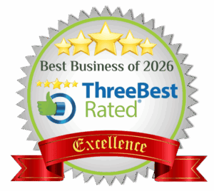 Award badge for best business of 2026, featuring five stars, a thumbs-up icon, and a red ribbon with "Excellence" text, symbolizing top-rated service and quality.