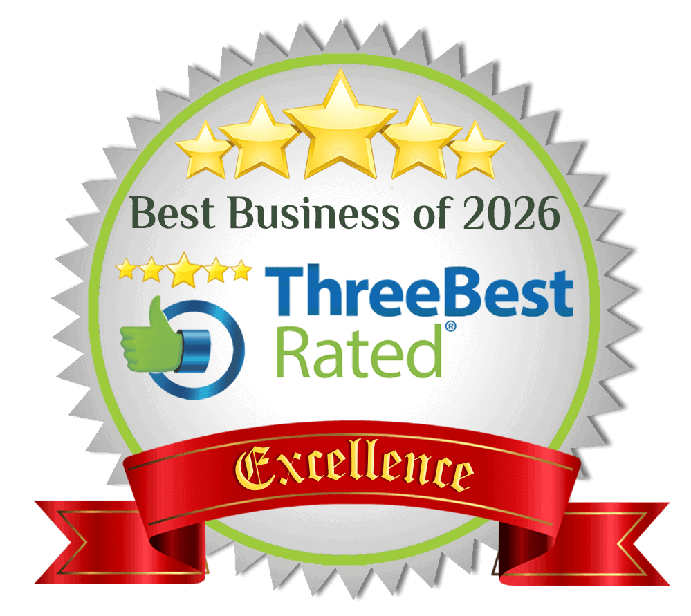 Award badge for best business of 2026, featuring five stars, a thumbs-up icon, and a red ribbon with "Excellence" text, symbolizing top-rated service and quality.