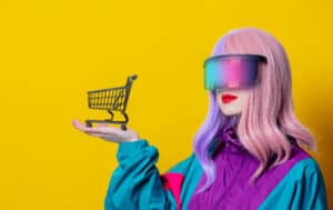 AI-powered virtual shopping assistant demonstrating e-commerce innovation with a futuristic shopping cart and digital interface.