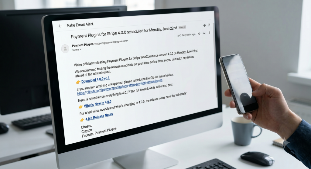 Close-up of a person holding a smartphone near a computer screen displaying a phishing email alert targeting WooCommerce users with Stripe.