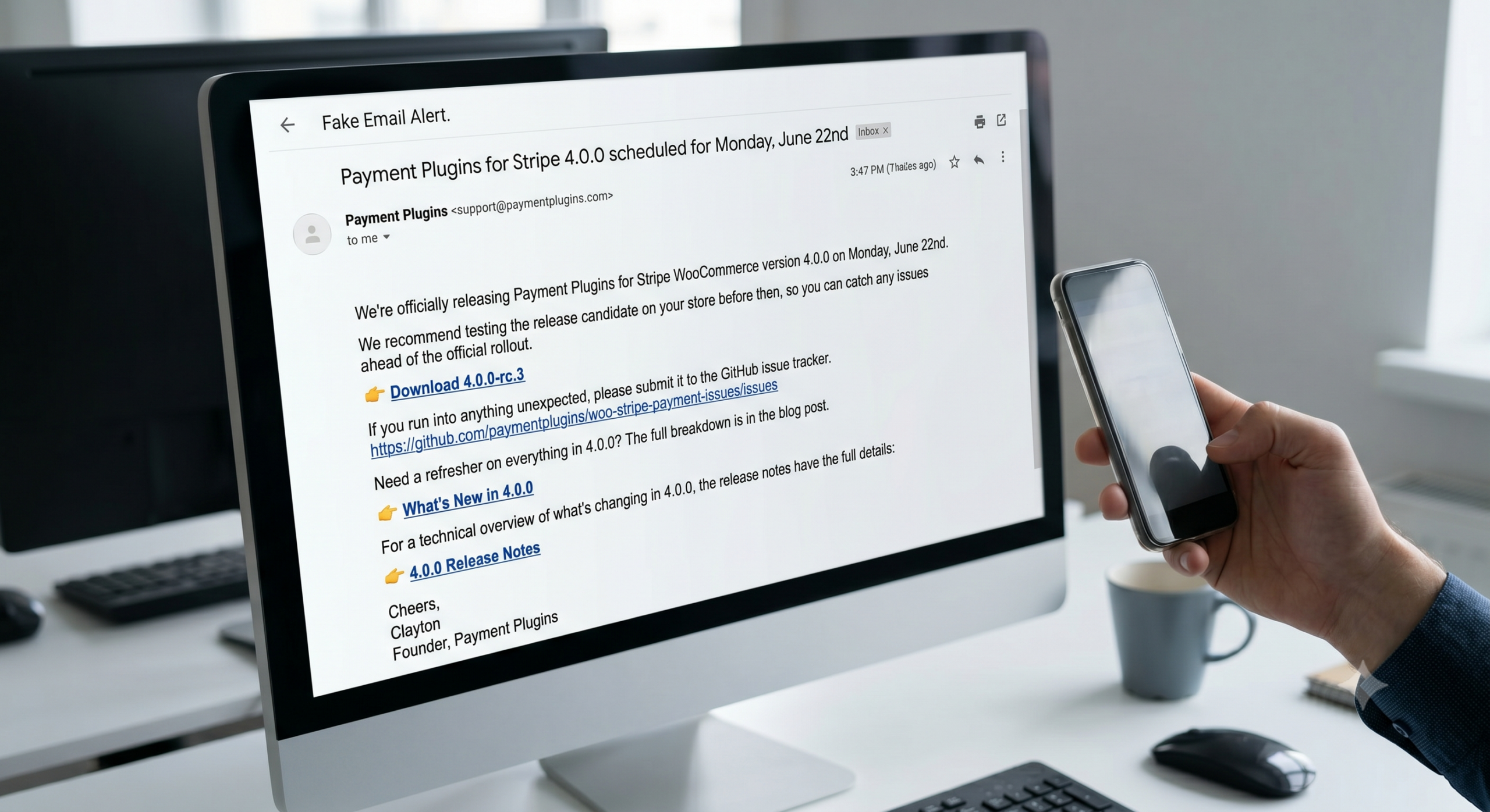 Close-up of a person holding a smartphone near a computer screen displaying a phishing email alert targeting WooCommerce users with Stripe.
