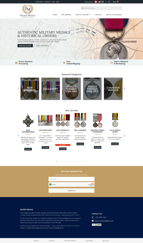 High-quality image showcasing a variety of authentic military medals and historical orders, including Canadian medals, single medals, and new arrivals, displayed on a website.