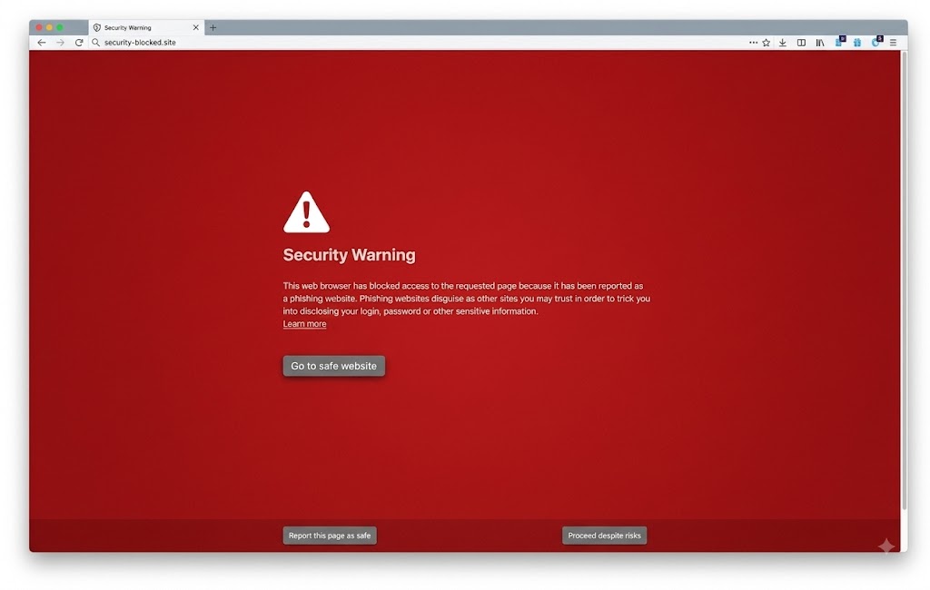 Screenshot of a security warning page indicating blocked access due to potential phishing threat.