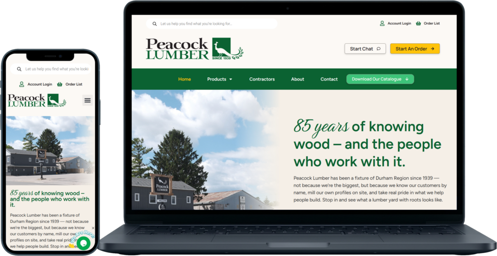 Responsive website design for Peacock Lumber displayed on mobile and desktop screens, showcasing their focus on wood products and regional service in Durham.